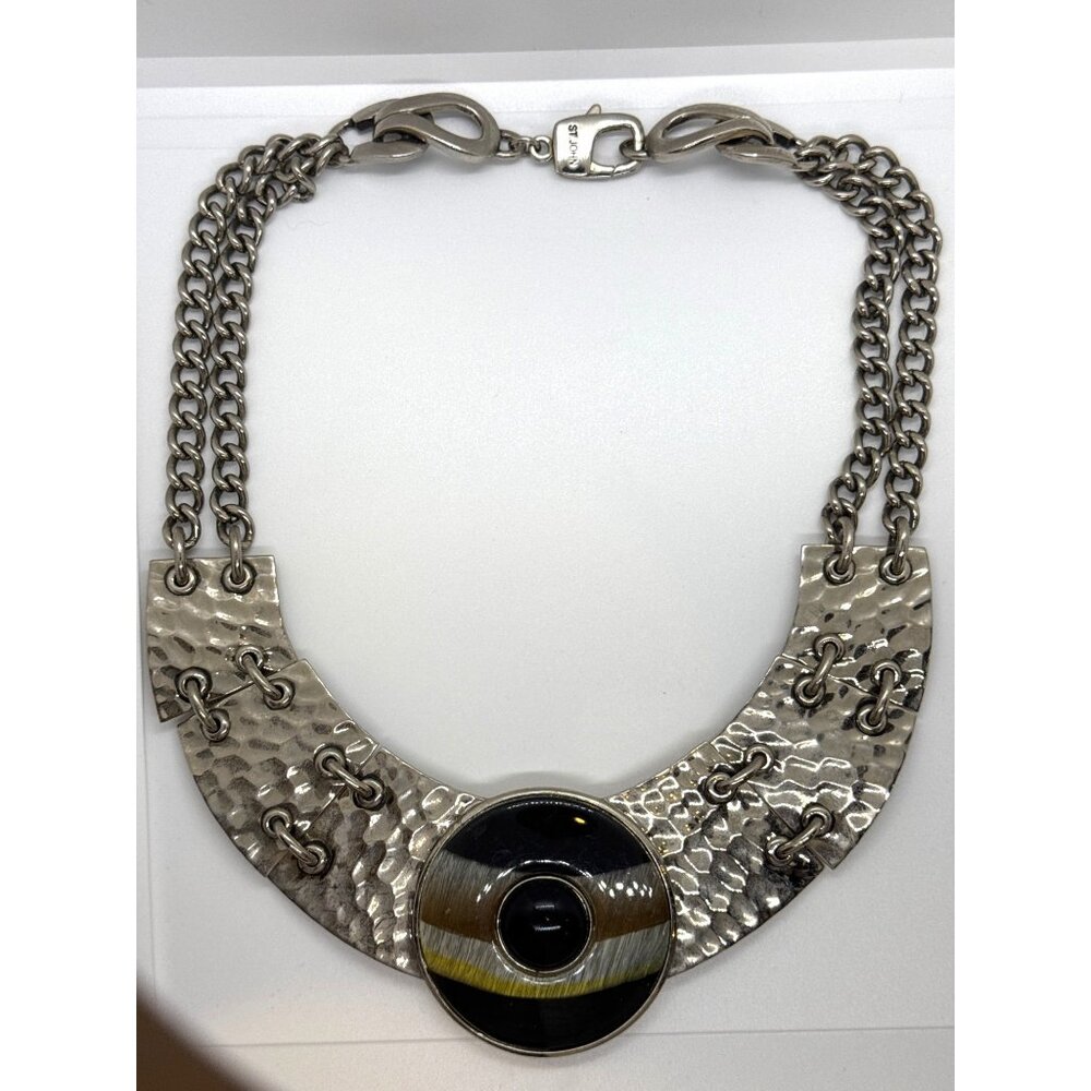 St. John Necklace Hammered Silver-Tone Chain Statement Collar Modernist Bib - Picture 5 of 10